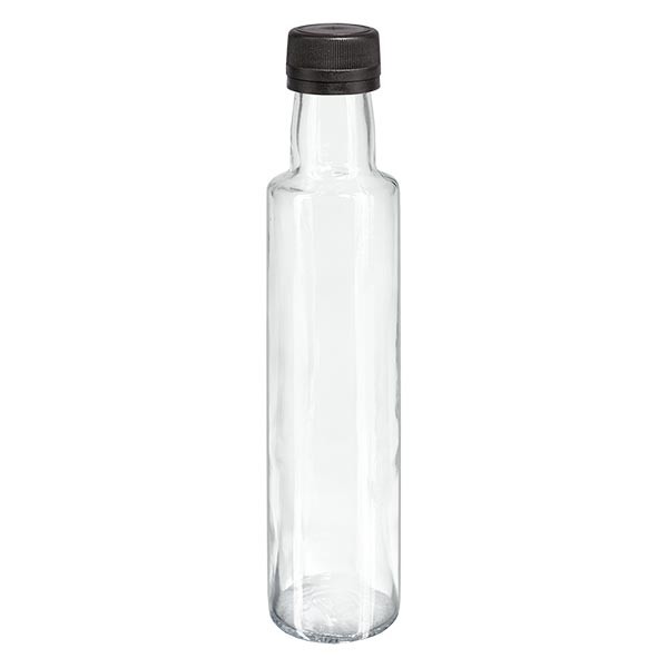 250ml Likörflasche rund Klarglas inkl. Schraubverschluss Schwarz (PP 31.5mm) mit Ausgiessring OV