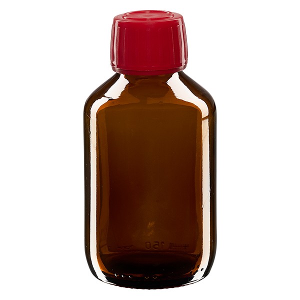 150ml Euro-Medizinflasche braun mit rotem Schraubverschluss OV