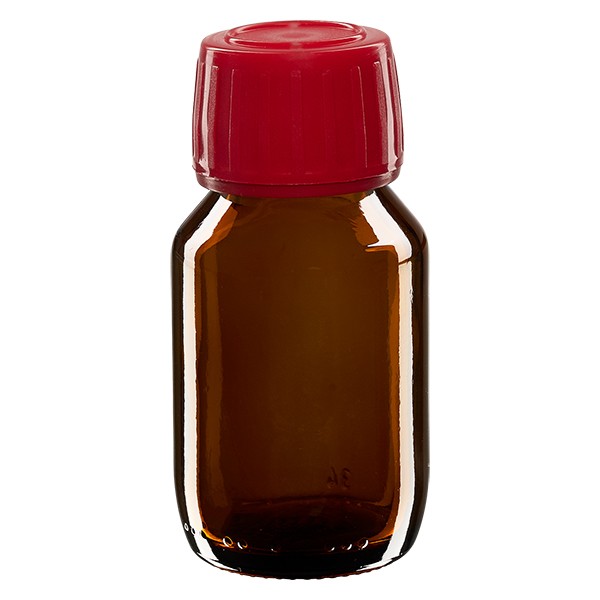 50ml Euro-Medizinflasche braun mit rotem Schraubverschluss OV