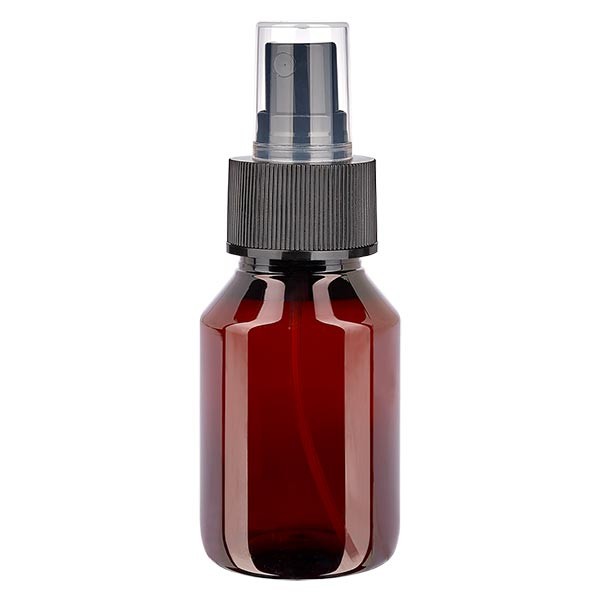 50 ml PET Medizinflasche mit Zerstäuber schwarz GCMI 28/410 inkl. Kappe transparent, Standard