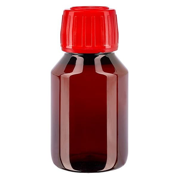 PET Medizinflasche 50ml braun (Veralflasche) PP28, mit rotem OV