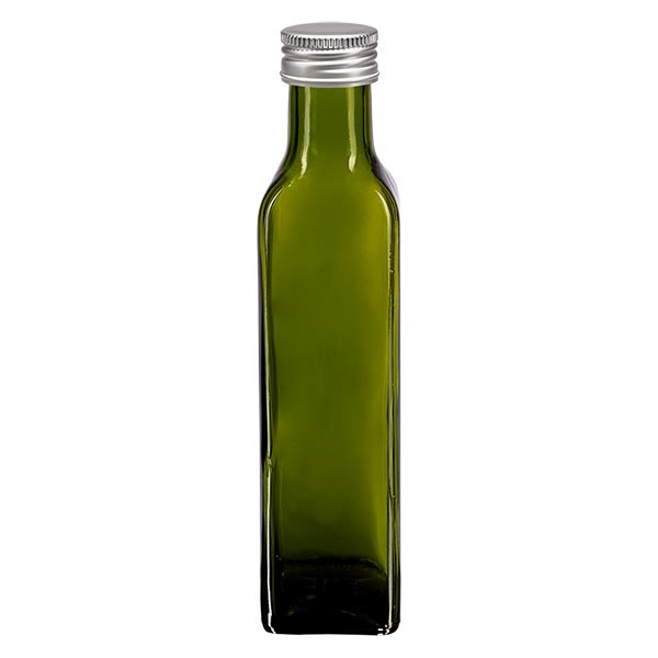 250ml Ölflasche eckig Olivgrün inkl. Alu Schraubverschluss Silber (PP 31.5mm)