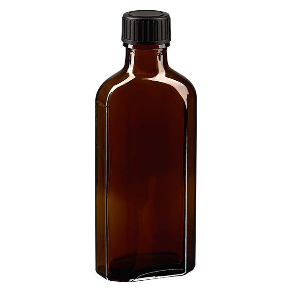100 ml braune Meplatflasche mit DIN 22 Mündung, inklusive Schraubverschluss DIN 22 schwarz aus EPE (