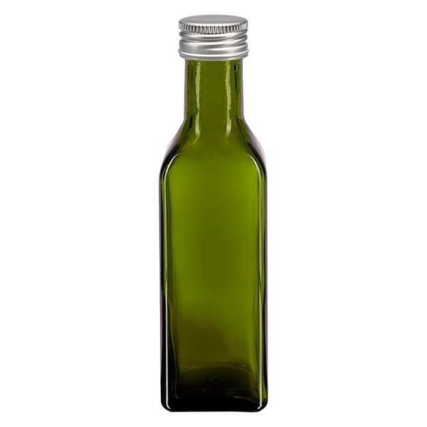 100ml Ölflasche eckig Olivgrün inkl. Alu Schraubverschluss Silber (PP 24mm)