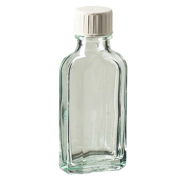 50 ml weiße Meplatflasche mit DIN 22 Mündung, inklusive Schraubverschluss DIN 22 weiss mit Giessring
