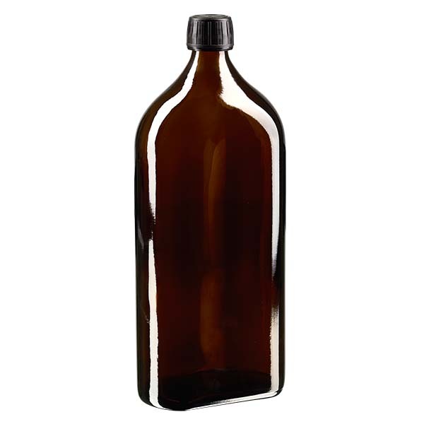 1.000 ml braune Meplatflasche mit DIN 28 Mündung, inklusive Schraubverschluss OV DIN 28 schwarz aus