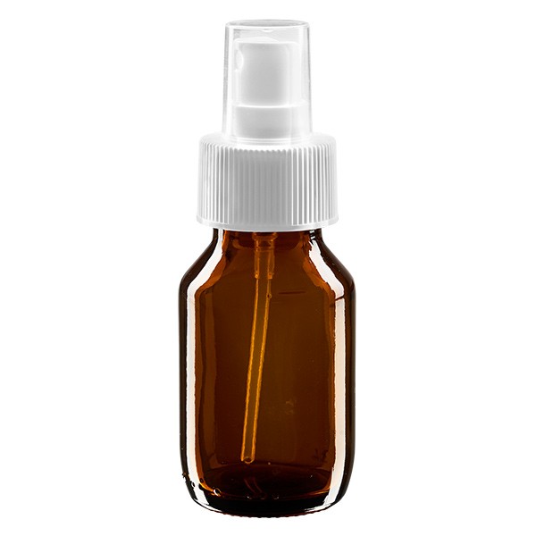 50 ml Euro-Medizinflasche braun mit weissem Zerstäuber inkl. transparenter Kappe