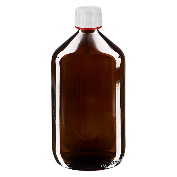 1000ml Medizinflasche braun, Verschluss weiß mit Originalitätsring rot ApoGlas